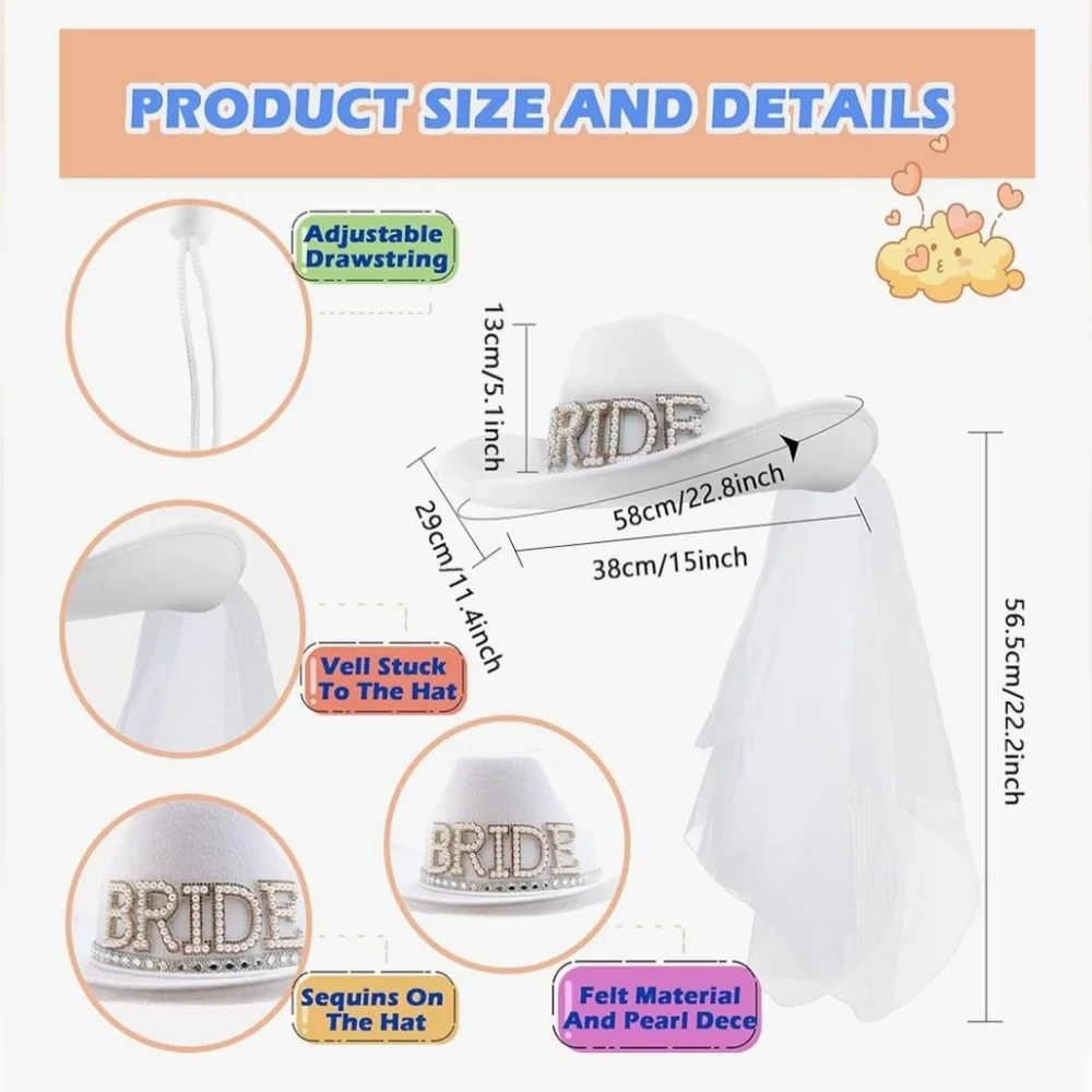 NEW 2 Pack White Bride Cowgirl Hat w/ Veil - Picture 4 of 13